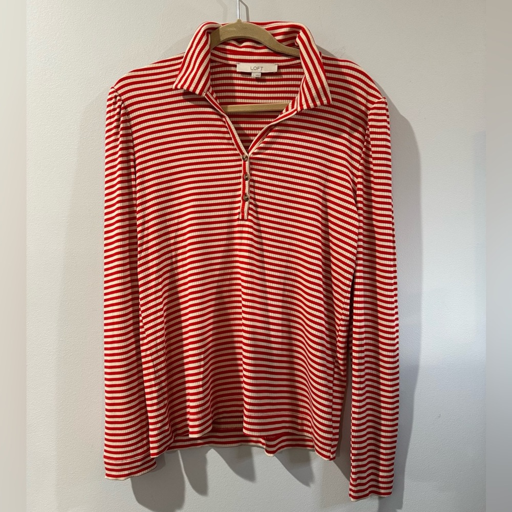 LOFT Red & White Stripe Half-Zip Long Sleeve Top